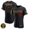 vin scully dodgers tribute gold trim jersey in black, royal and white color