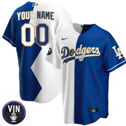 Alternative view of Los Angeles Dodgers Custom Name and Number Split White/ Royal Gold Trim Jersey - All Stitched