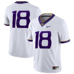 Alternative view of Number 18 LSU Tigers College Football 2018 "Silent Season" Alternate White Jersey - All Stitched