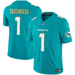 Alternative view of Tua Tagovailoa Miami Dolphins Aqua "Gold Trim" Vapor F.U.S.E Limited Jersey - All Stitched