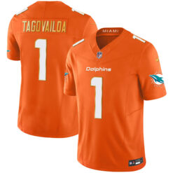 Alternative view of Tua Tagovailoa Miami Dolphins Orange "Gold Trim" Vapor F.U.S.E Limited Jersey - All Stitched
