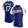 Shohei Ohtani Dodgers Gold Trim jersey in royal
