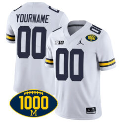 Custom Michigan Wolverines Football 1000 Wins White Away Jersey - All Stitched