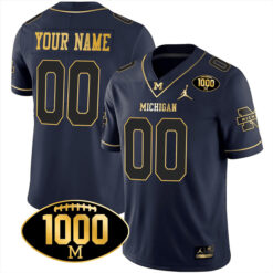Personalized Michigan Wolverines Football 1000 Wins Navy Gold Jersey - All Stitched