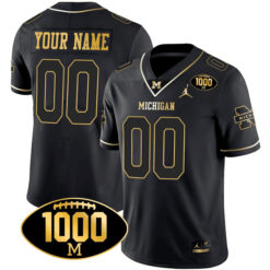 Personalized Michigan Wolverines Football 1000 Wins Black Gold Jersey - All Stitched