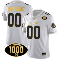 Custom Michigan Wolverines Football 1000 Wins White Gold Jersey - All Stitched