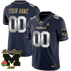 Custom Michigan Wolverines Football 2024 Rose Bowl Navy Gold Jersey - All Stitched