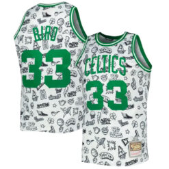 Larry Bird Boston Celtics White Doodle 1985/86 Hardwood Classics Jersey - All Stitched