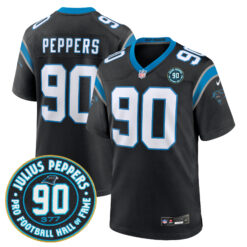 Julius Peppers Carolina Panthers Black Home Game Jersey w/ HOF Patch - All Stitched