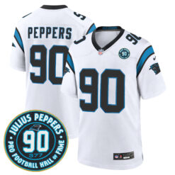 Julius Peppers Carolina Panthers White Road Game Jersey w/ HOF Patch - All Stitched