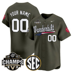 Vanderbilt Commodores Baseball Olive Salute To Service 2025 SEC Tournament Champs Jersey - All Stitched