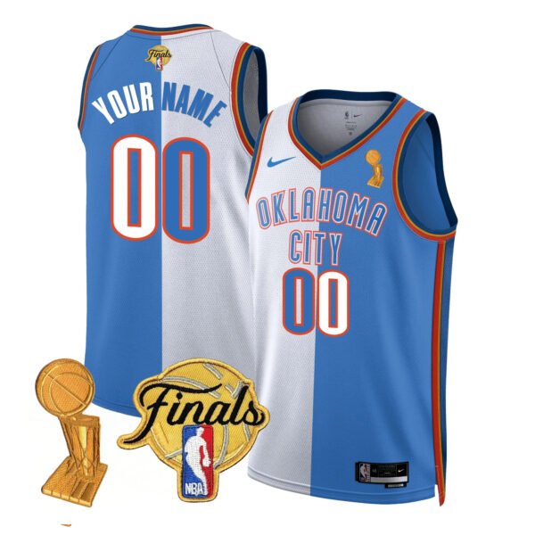 Custom Oklahoma City Thunder White Royal Split 2025 Champions Jersey - All Stitched