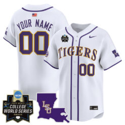 Custom LSU Tigers Baseball White 2025 College World Series Bound Jersey - All Stitched