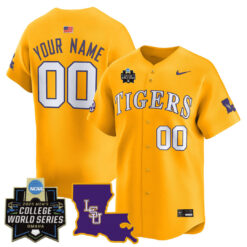 Custom LSU Tigers Baseball Gold 2025 College World Series Bound Jersey - All Stitched