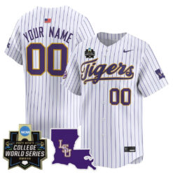 Custom LSU Tigers Baseball White Pinstripe 2025 College World Series Bound Jersey - All Stitched