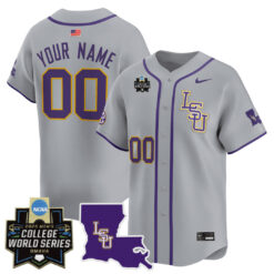 Custom LSU Tigers Baseball Grey 2025 College World Series Bound Jersey - All Stitched