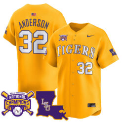 Kade Anderson LSU Tigers Baseball Gold 2025 College World Series Champions Jersey - All Stitched