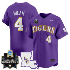 Steven Milam LSU Tigers Baseball Purple 2025 College World Series Bound Jersey - All Stitched