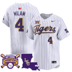 Steven Milam LSU Tigers Baseball White Pinstripe 2025 College World Series Champions Jersey - All Stitched