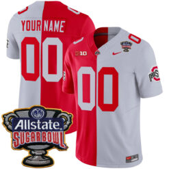 Custom Ohio State Buckeyes Football Scarlet Grey Split Jersey w/ Allstate Sugar Bowl Patch - All Stitched