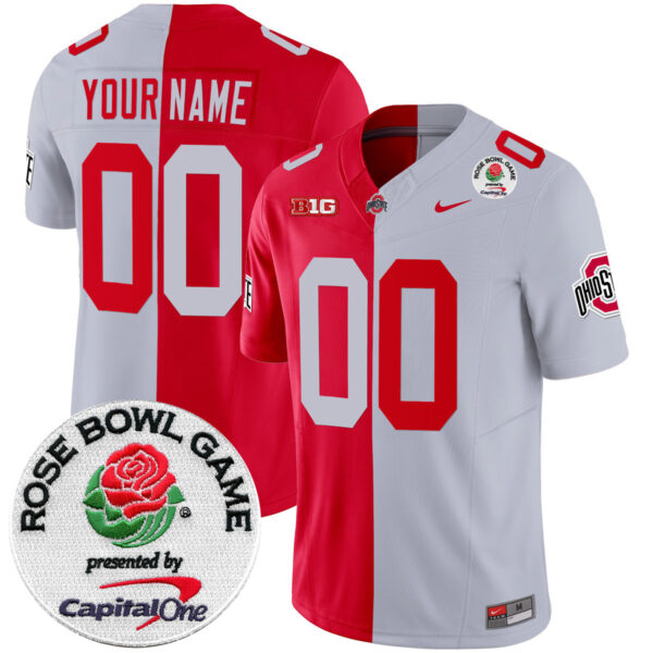 Custom Ohio State Buckeyes Football Scarlet Grey Split Jersey w/ Rose Bowl Patch - All Stitched