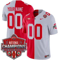 Custom Ohio State Buckeyes Football Scarlet Grey Split 2024 CFP Champions Jersey - All Stitched