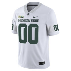 Alternative view of Custom Michigan State Spartans Football White Game Jersey w/ B1G Patch - All Stitched