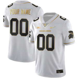 Custom Michigan State Spartans Football White Gold Jersey w/ B1G Patch - All Stitched