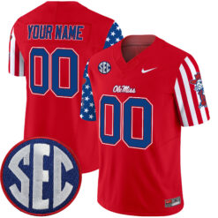 Custom Ole Miss Rebels Football American Style Red Jersey w/ SEC Patch - All Stitched