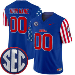 Custom Ole Miss Rebels Football American Style Royal Blue Jersey w/ SEC Patch - All Stitched
