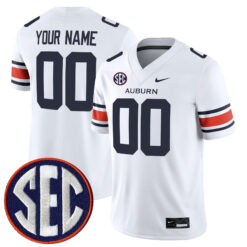Custom Auburn Tigers Football White Away Game Jersey w/ SEC Patch - All Stitched