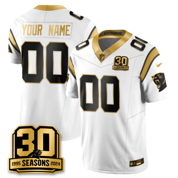 Custom Carolina Panthers 30th Season White Gold Vapor Limited Jersey - All Stitched