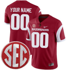Custom Arkansas Razorbacks Football Cardinal Alternate Jersey w/ SEC Patch - All Stitched