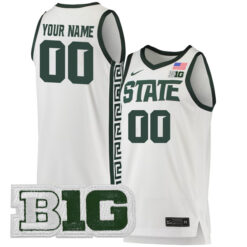 Custom Michigan State Spartans Basketball White Game Jersey w/ B1G Patch - All Stitched