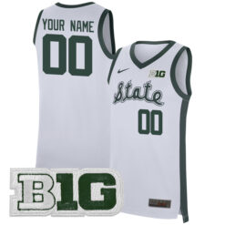 Custom Michigan State Spartans Basketball Alternate White Game Jersey w/ B1G Patch - All Stitched