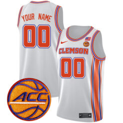 Custom Clemson Tigers Basketball White Retro Jersey w/ ACC Patch - All Stitched