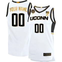 Custom UConn Huskies Basketball White Gold Jersey w/ Back2Back Champs Patch - All Stitched