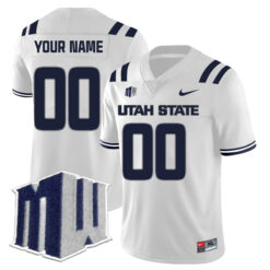 Custom Utah State Aggies Football White Away Jersey w/ MWC Patch - All Stitched
