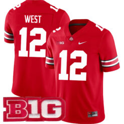 Bryce West Ohio State Buckeyes Football Scarlet Game Jersey w/ B1G Patch - All Stitched