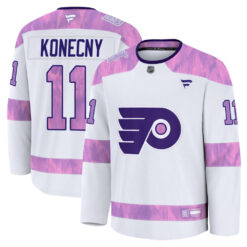 Travis Konecny Philadelphia Flyers White Purple 2024 Hockey Fights Cancer Premium Jersey - All Stitched