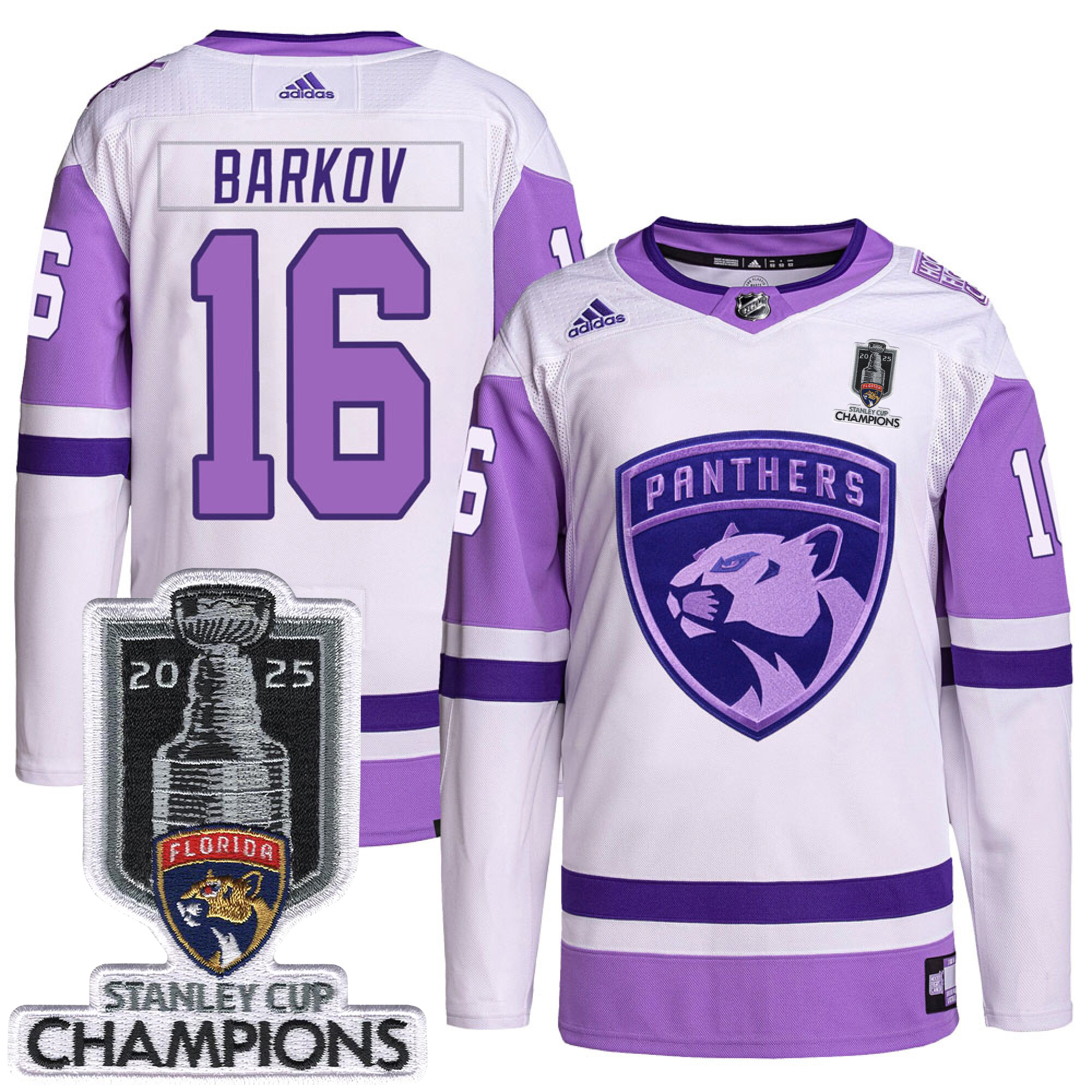 Aleksander Barkov Florida Panthers 2025 Stanley Cup Championship White Purple Hockey Fights Cancer Jersey - All Stitched