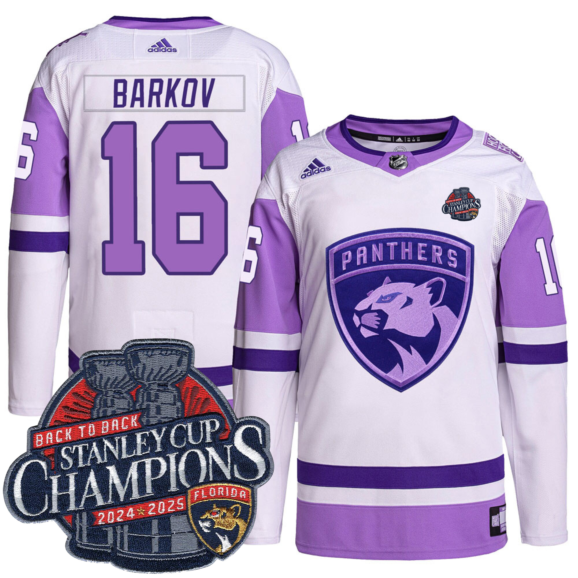 Aleksander Barkov Florida Panthers Back To Back Championship White Purple Hockey Fights Cancer Jersey - All Stitched