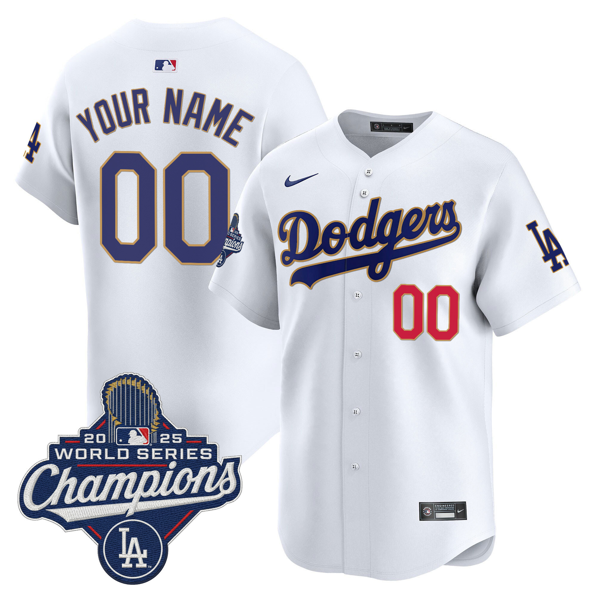 Custom Los Angeles Dodgers White 2025 World Series Champions Gold Collection Limited Jersey - All Stitched