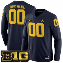 Custom Michigan Wolverines Football Navy Therma Long Sleeve Jersey w/ B1G Patch - All Stitched