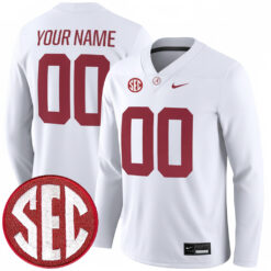 Custom Alabama Crimson Tide Football White Therma Long Sleeve Jersey w/ SEC Patch - All Stitched
