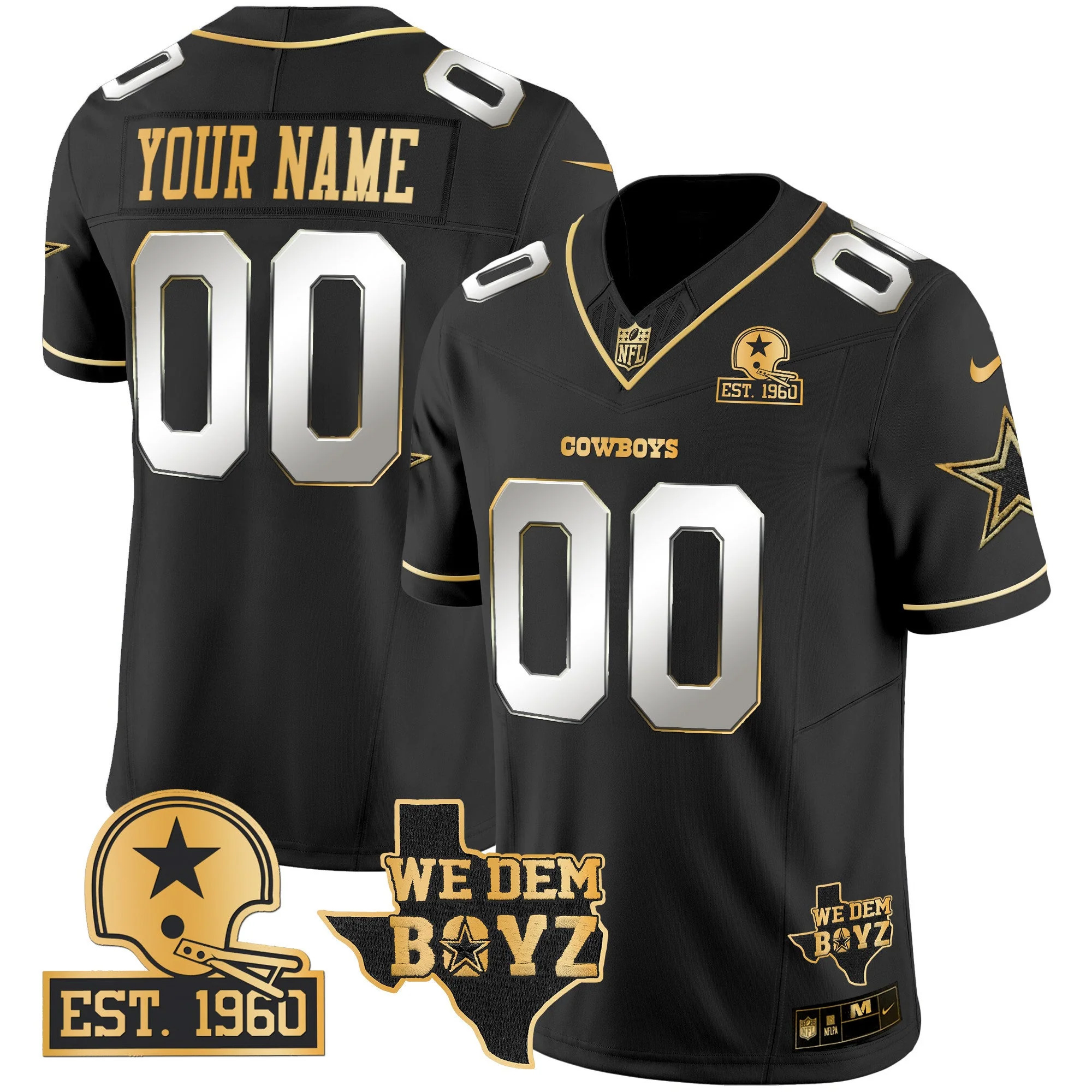 Custom Dallas Cowboys Est 1960 We Dem Boyz Patch Black Gold Jersey - All Stitched