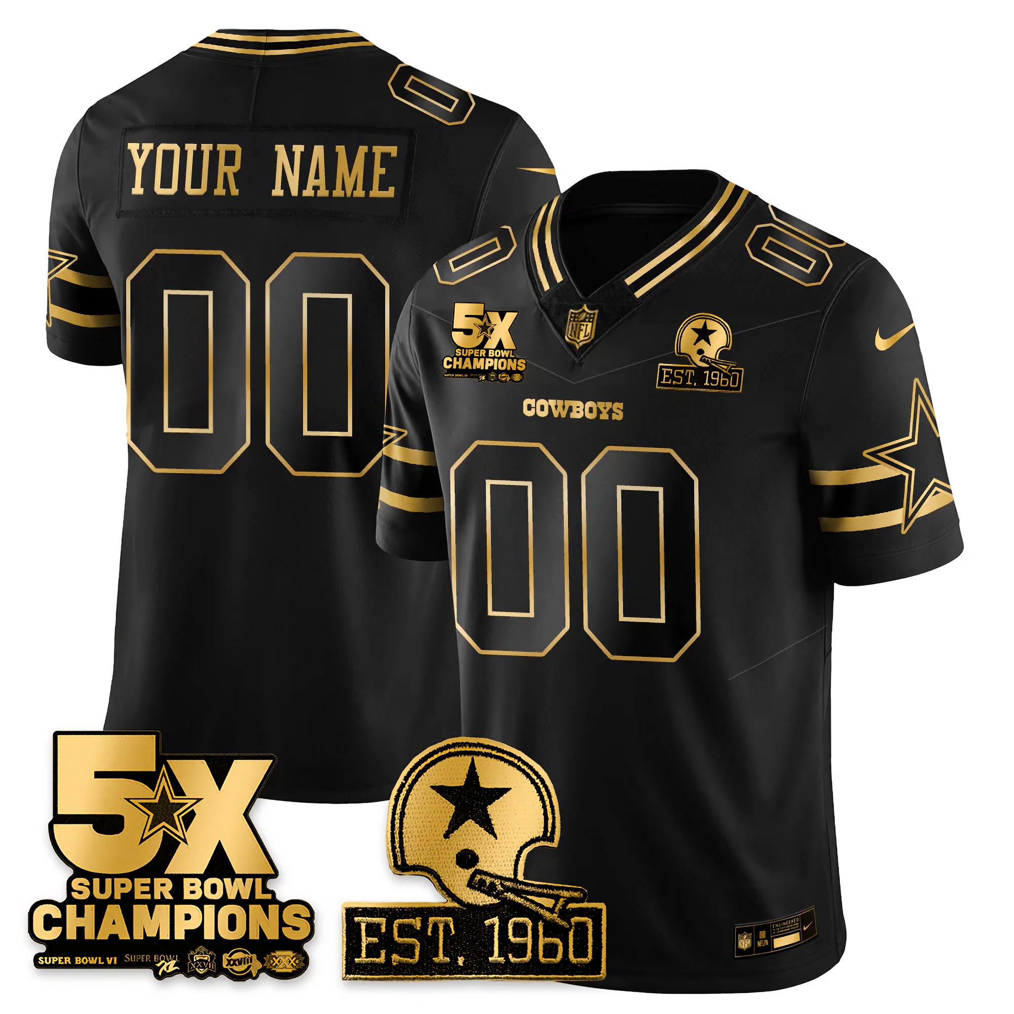 Custom Dallas Cowboys 5x Champions Black Gold Limited Jersey - All Stitched