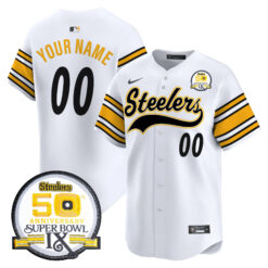 Custom Pittsburgh Steelers 50th Anniversary Super Bowl IX White Baseball Jersey - All Stitched