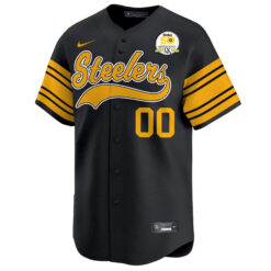 Alternative view of Custom Pittsburgh Steelers 50th Anniversary Super Bowl IX Black Alternate Baseball Jersey - All Stitched