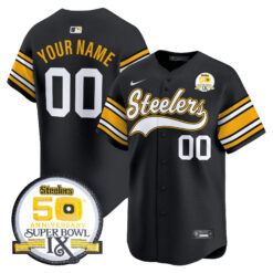 Custom Pittsburgh Steelers 50th Anniversary Super Bowl IX Black Throwback Baseball Jersey - All Stitched